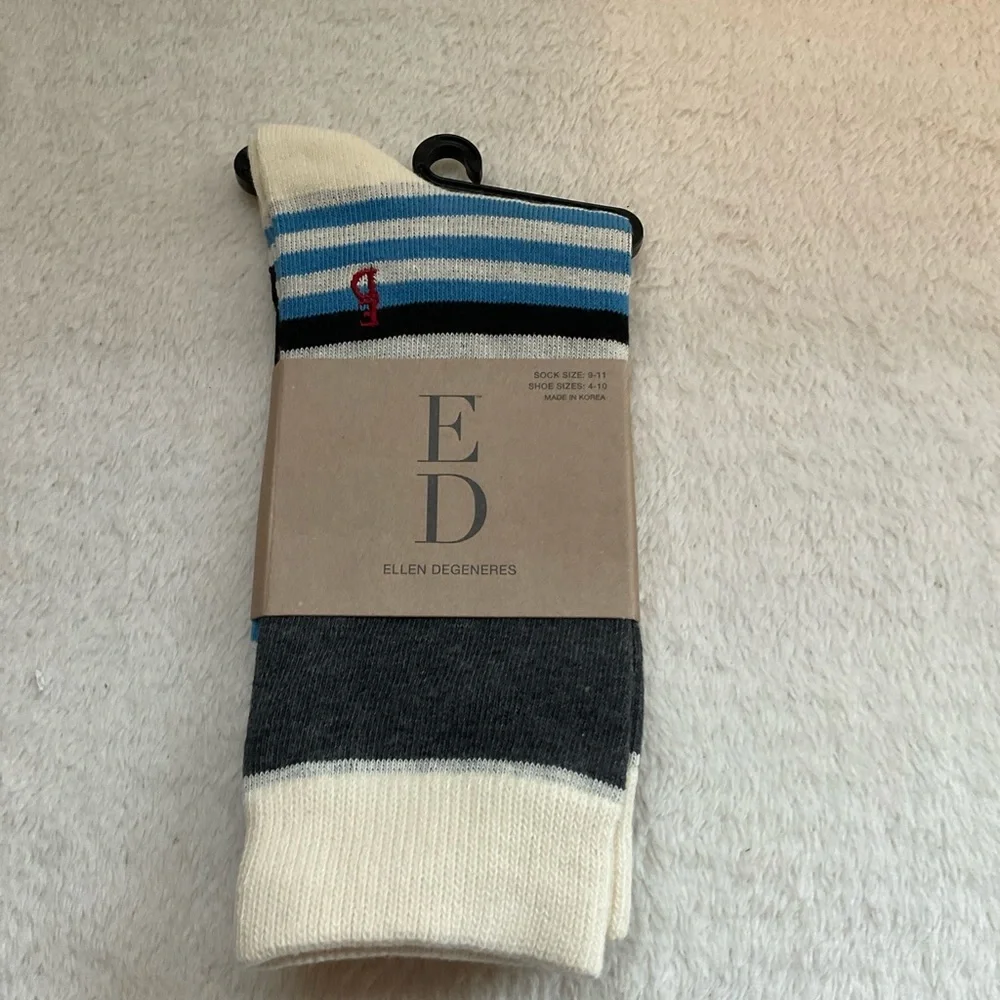 Ellen Degeneres Striped Crew Socks in Cream, Blue & Gray